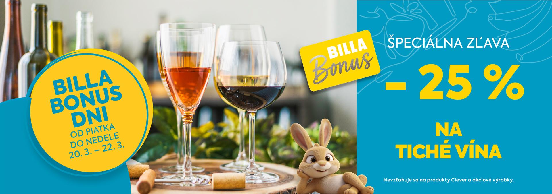 Využite 25 % zľavu s BILLA Bonus na tiché vína od piatka 20.3.2026 do nedele 22.3.2026