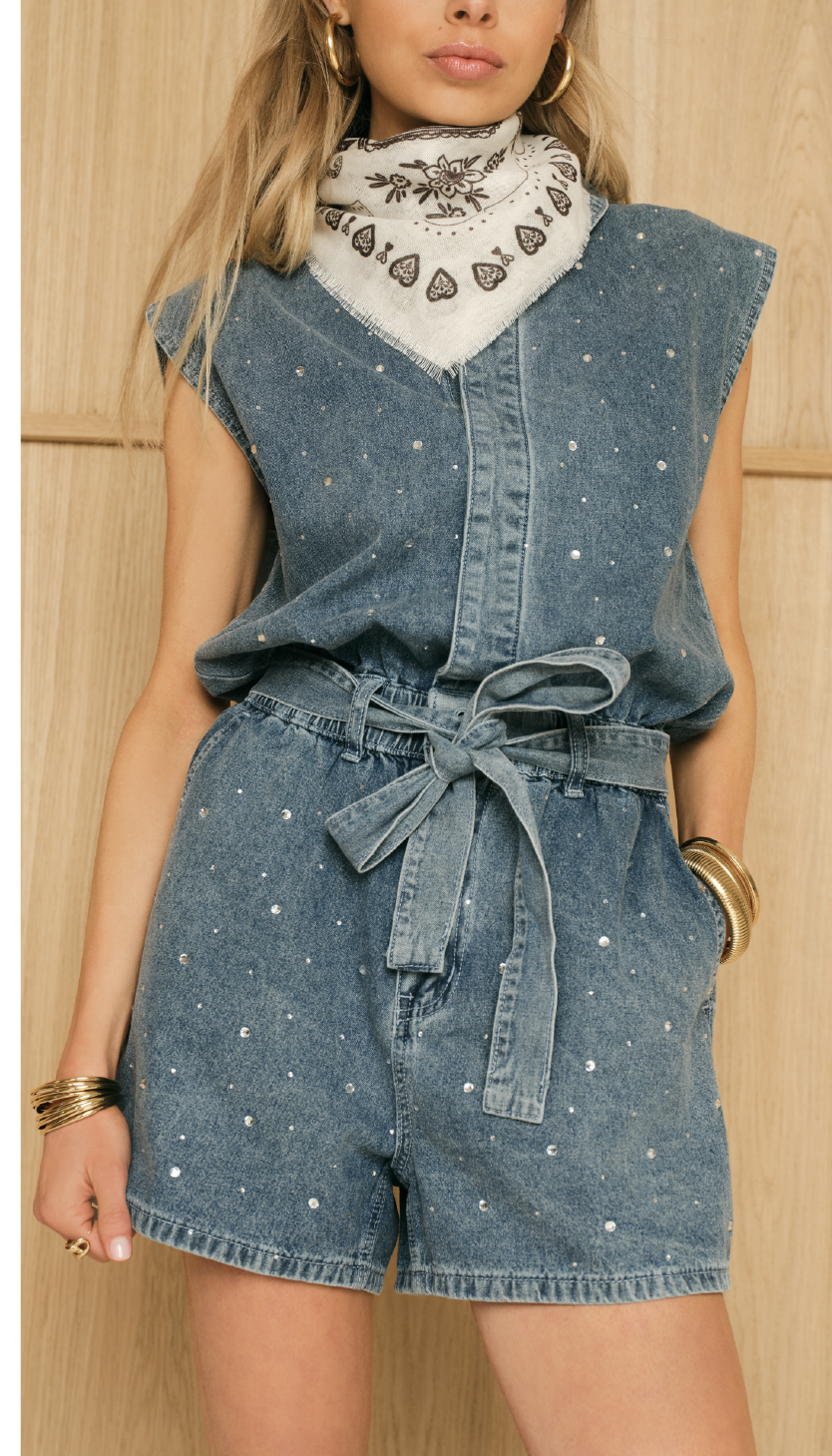 Blauwe denim playsuit met strass details