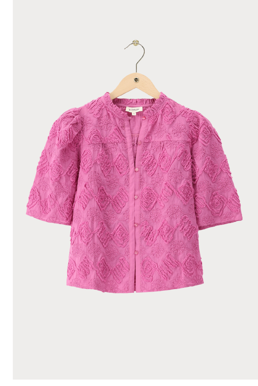 Pinke Bluse mit kurzen Ärmeln und 3D-Blumen