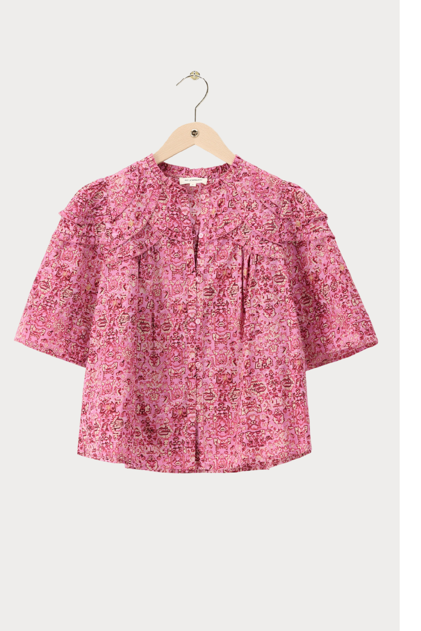 Roze ruffle blouse met korte mouwen en bloemenprint