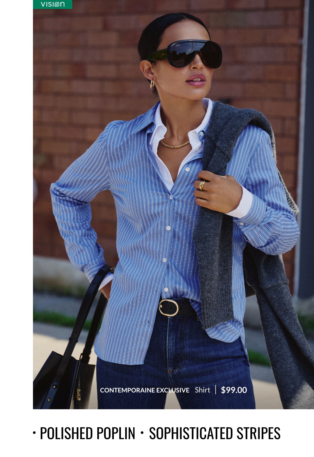 Polished poplin, sophisticated stripes. Woman wearing a striped blue shirt, an exclusive Contemporaine design at 99$.