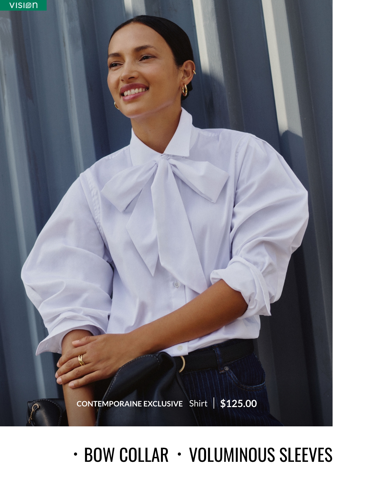 Bow collar, voluminous sleeves. Woman wearing a white tie-neck shirt, an exclusive Contemporaine design at 125 $.