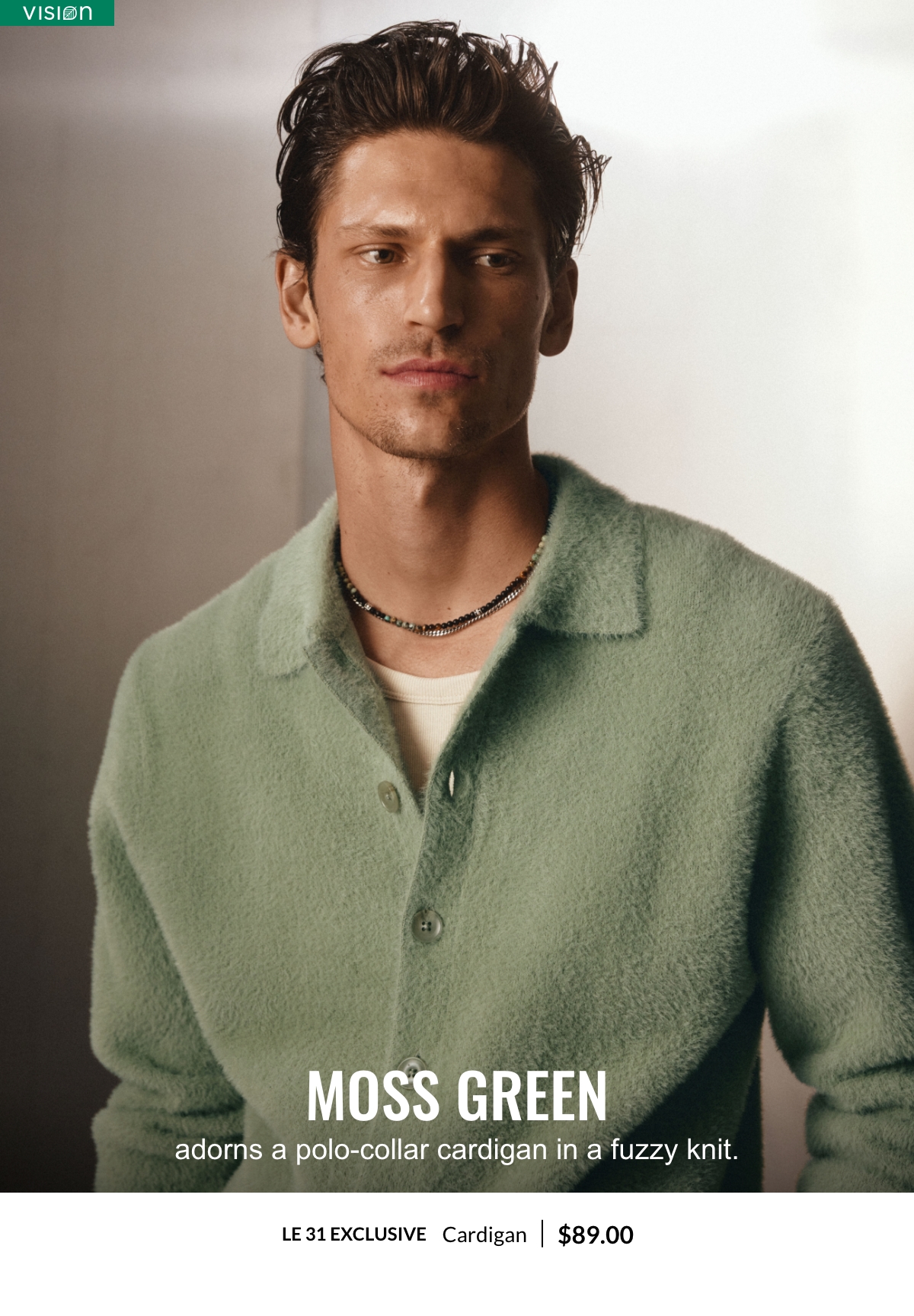 Moss Green polo-collar cardigan at 89.00$