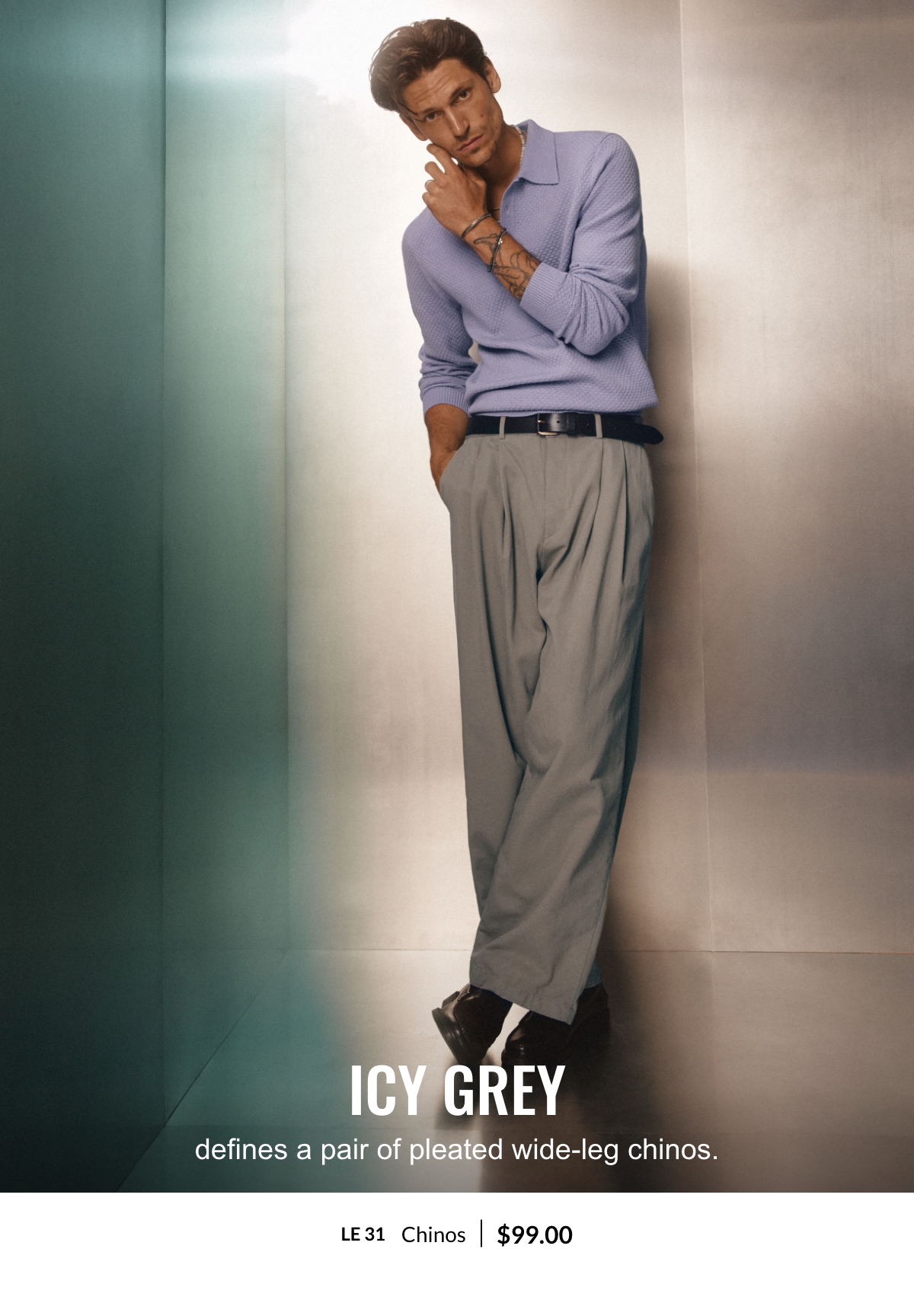 Icy grey pleated wide-leg chinos at 99.00$