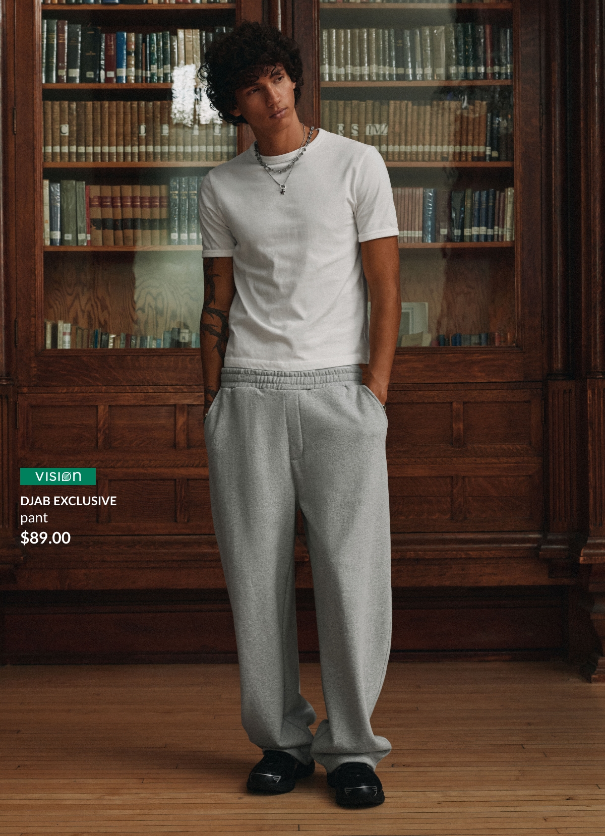 Young man wearing Djab exclusive light gray sweatpants, $89