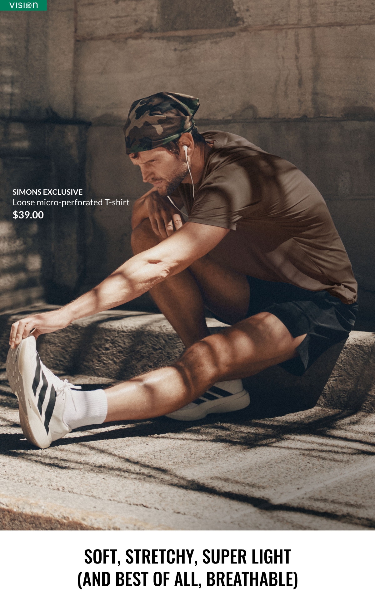 A man is stretching after his run. He's wearing a brown micro-perforated loose T-shirt, Simons exclusive, at $39.00.