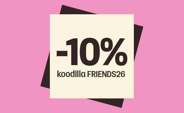 Kuva, jossa vaalealla laatikolla teksti ”-10 % koodilla FRIENDS26” vaaleanpunaisella taustalla.