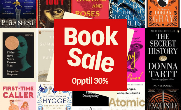 Collage med bokomslag på engelske bøker. Rød plate i midten med teksten Book Sale Opptil 30%