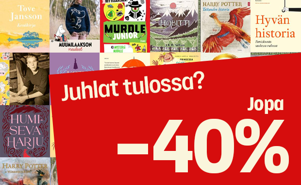 Punaisella pohjalla oleva mainos, jossa lukee valkoisin kirjaimin ”Juhlat tulossa? Jopa –40 %”. Taustalla näkyy riveissä erilaisia kirjan kansia, mm. Tove Janssonin, Hobitin ja Harry Potterin kirjoja.