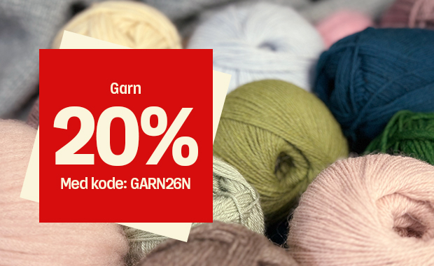 Bilde på garnnøster med en rød plate i midten med teksten Garn 20% med kode GARN26N