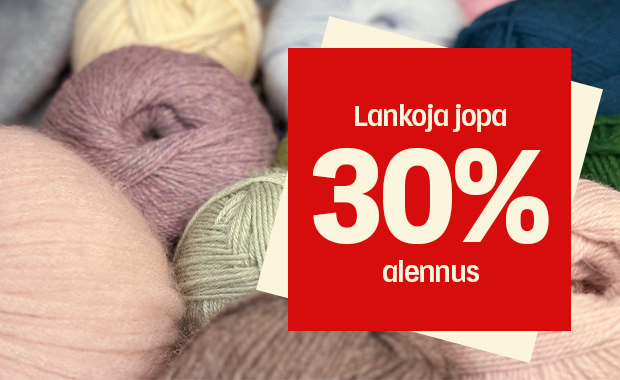 Lähikuva erivärisistä lankakeristä ja punainen laatikko, jossa on suomenkielinen teksti jopa 30 % alennuksesta langoista