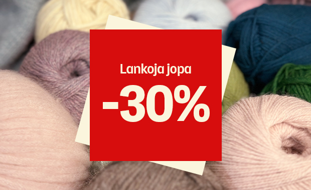 Kuva, jossa taustalla erivärisiä lankakeriä ja keskellä punainen laatikko, jossa valkoinen teksti ”Lankoja jopa -30 %”.