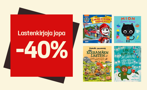 Kuva, jossa vaalealla taustalla on punainen laatikko tekstillä ”Lastenkirjoja jopa -40 %”. Oikealla näkyy neljä lastenkirjan kantta: Lohikäärmeen hammas, Mion paras päivä, yksi Koiramäen lapset -sarjan kirja sekä Kaneli Pöppöläisen ja lumisen huvipuiston salaisuus.