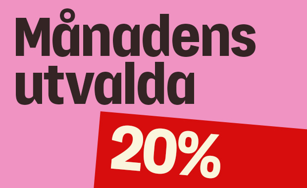 Bild med huvudbudskapet Månadens utvalda och 20% i stor text. Bakgrunden är rosa och längst ner syns en röd banner med procentsatsen.