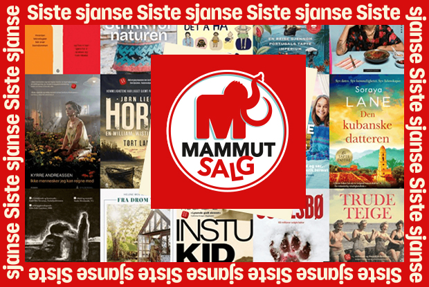 Collage med bokomslag på bøker fra Mammutsalget. Tekst i ramme med siste sjanse. Logo med mammutsymbol og teksten Mammutsalg i midten.