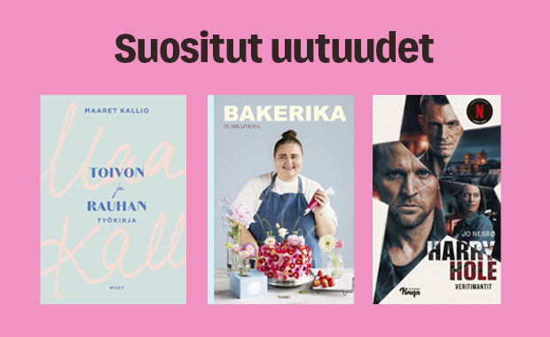 Kolmen kirjan kansia vaaleanpunaisella taustalla. Ylhäällä on teksti: 