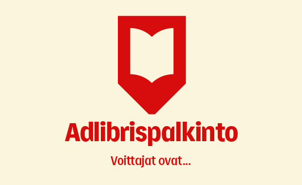 Kuva, jossa vaalealla taustalla punainen Adlibris-symboli sekä teksti ”Adlibrispalkinto” ja alla pienemmällä ”Voittajat ovat…”.