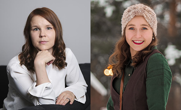 Kuva, jossa on kaksi kirjailijaa vierekkäin: vasemmalla Camilla Nissinen istuu sisätilassa vaaleaa taustaa vasten, valkoisessa paidassa, käsi leuan alla, ja oikealla ulkokuvassa hymyilevä Lotta-Sofia Saahko talvisessa maisemassa, yllään vihreä pusero, liivi ja vaalea neulepipo.