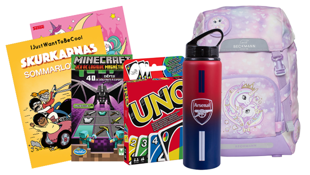 Bild med produkter för barn: en lila ryggsäck med enhörningsmotiv, en vattenflaska från Arsenal, kortspelet Uno samt böckerna Skurkarnas sommarlov av J. L. Wantoch Eriksson och Minecraft - De osynligas magiska nyckel.