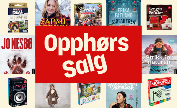 Collage med omslagsbilder på bøker og spill. Tekst i hvitt på rødt: Opphørssalg