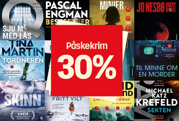 Bildecollage med omslagsbilder på krimbøker. I midten, rød dute med tekst: Påskekrim 30%