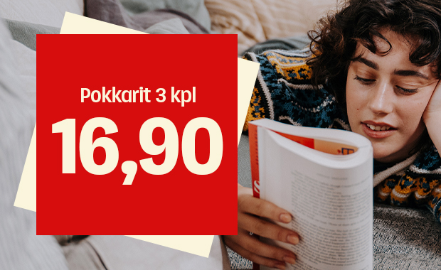 Kampanjakuva, jossa lukija makaa sohvalla ja punaisessa laatikossa teksti Pokkarit 3 kpl 16,90 €.