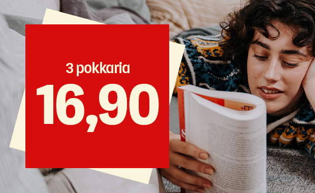 Kuva, jossa vasemmalla punaisessa laatikossa valkoinen teksti ”3 pokkaria 16,90” ja oikealla sohvalla makoileva henkilö lukemassa pokkaria.