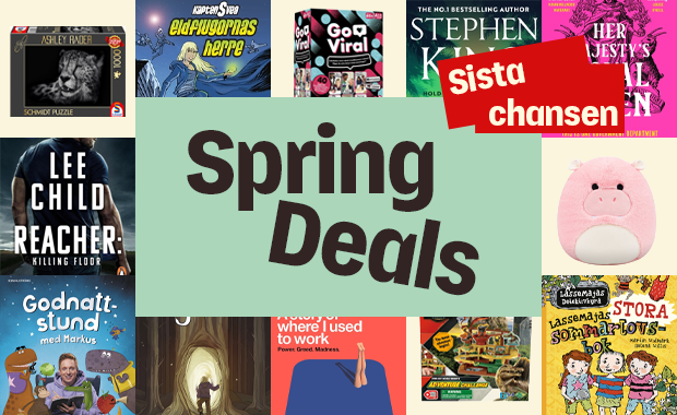Bild med huvudbudskapet Spring Deals och en röd skylt med texten sista chansen, omgiven av ett collage med böcker och andra produkter. Bland böckerna syns bland annat Stephen King, Lee Childs Reacher: Killing Floor, Godnatt...stund med Markus och LasseMajas stora läsmysteriebok, tillsammans med ett rosa gosedjur och ett pussel.