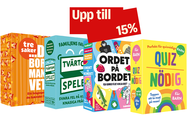 Bild med fyra sällskapsspel på rad: Tre saker du borde veta, Tvärtom-spelet – familjens favoritspel, Ordet på bordet och barnspelet Quiznödig. Ovanför spelen syns en röd skylt med vit texten ”Upp till 15 %”.