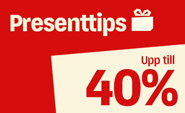 Bild med budskapet Presenttips och upp till 40 %, med vit text och presentikon mot röd bakgrund samt stor röd procentsats på ljus bakgrund.