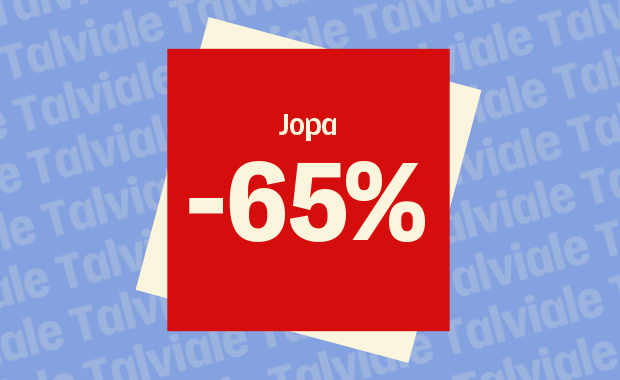 Kuva, jossa punaisessa laatikossa lukee ”Jopa -65 %” sinisellä taustalla, jossa toistuu sana ”Talviale”.