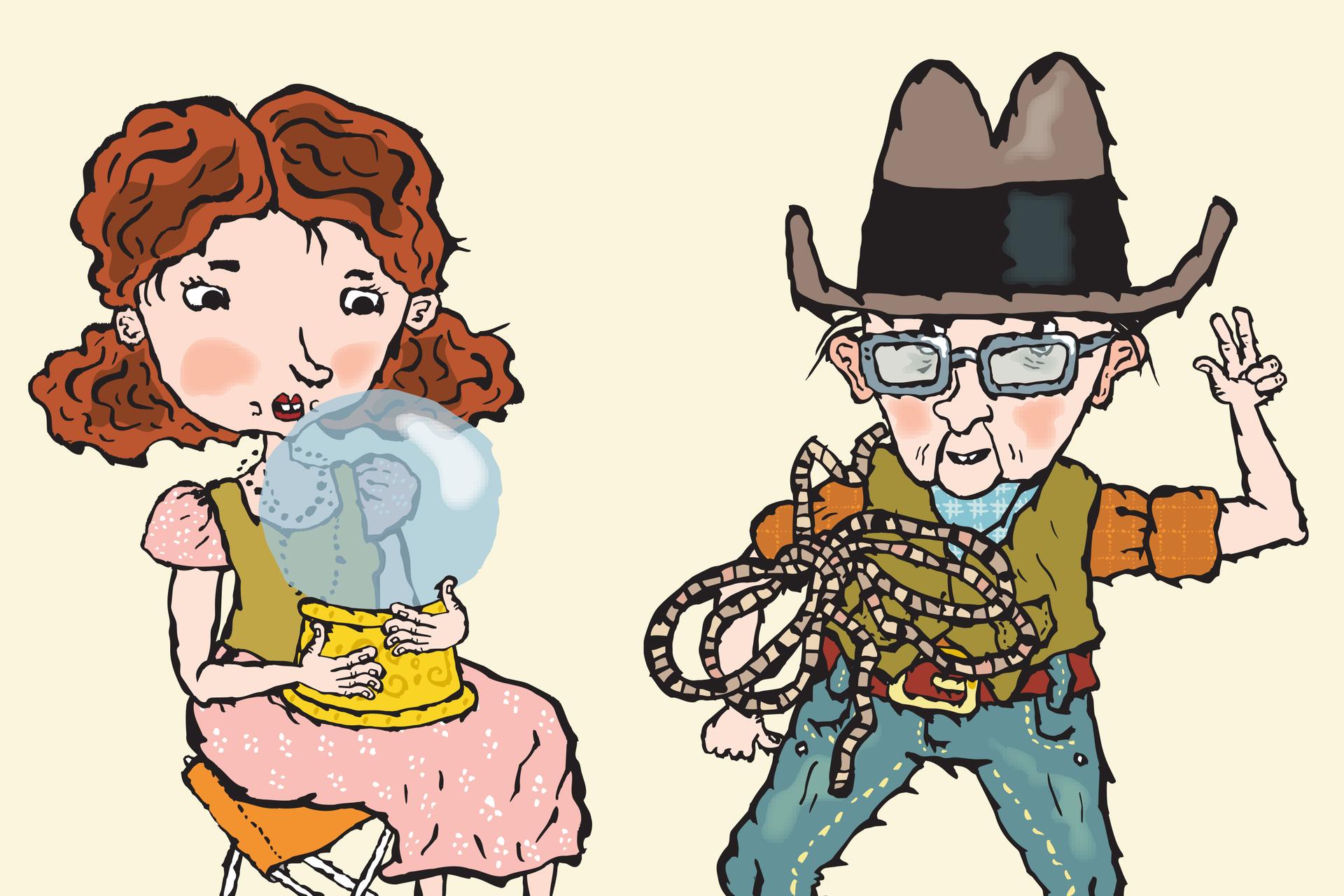 Bild med två tecknade figurer: en spåkvinna som håller en kristallkula och en cowboy med hatt, glasögon och lasso. Figurerna står mot en ljus bakgrund.