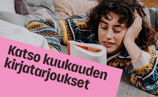 Henkilö lukee kirjaa lattialla. Kuvan päällä on teksti: 