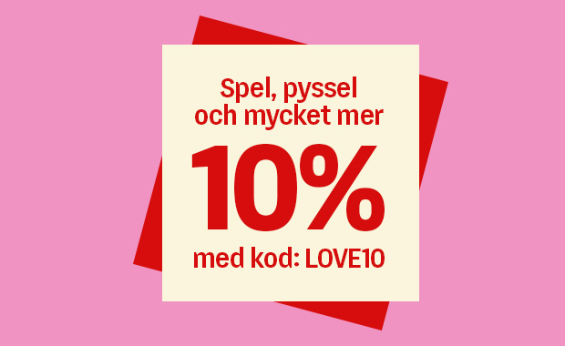 Bild med rosa bakgrund och en ljus ruta ovanpå en röd form. I rutan står med röd text: ”Spel, pyssel och mycket mer 10 % med kod: LOVE10”.