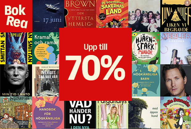 Bild med flera bokomslag i ett collage, en röd ruta i mitten med texten “Upp till 70%” och en röd “Bokrea”-märkning till vänster.