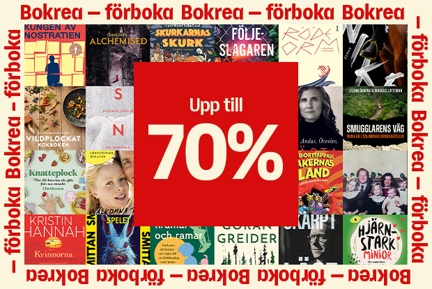 Bild med bokomslag runt kanterna och i mitten en röd ruta med vit texten ”Upp till 70 %”. Längs bildens ram upprepas texten ”Bokrea – förboka”.