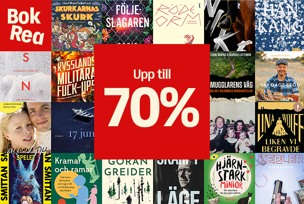 Collage med bokomslag och texten “Bokrea” samt “Upp till 70%” i mitten.