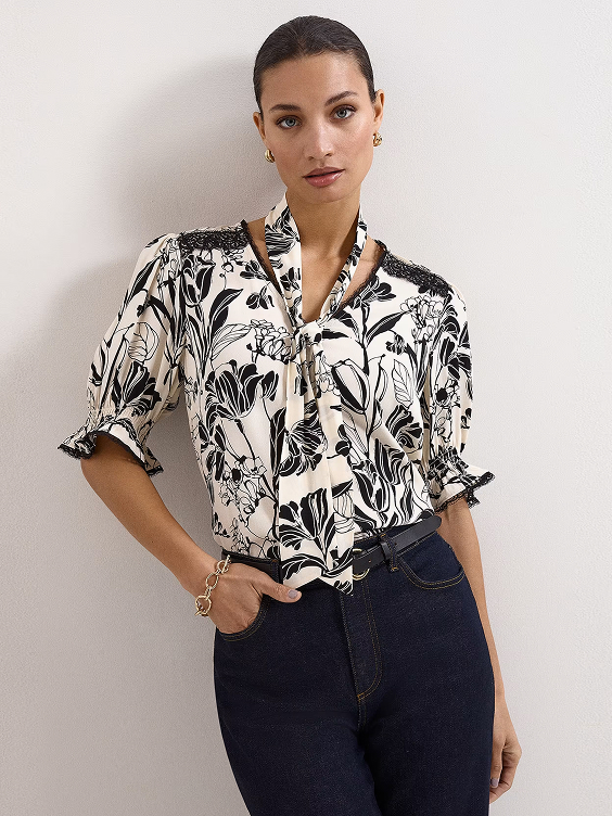 Aisra Lace Trim Printed Blouse