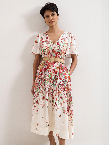 Lovette Linen Blend Cream Floral Midi Dress