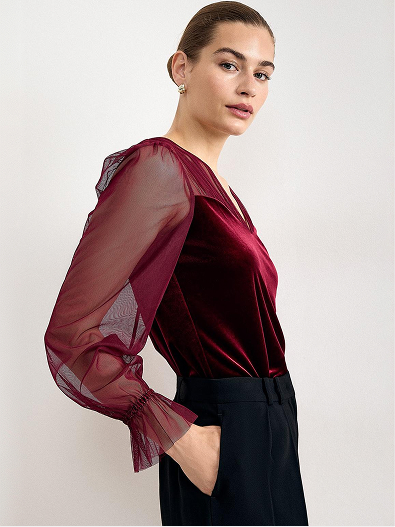 Cindy Velvet and Mesh V-Neck Top