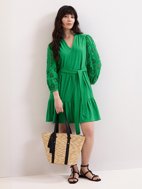 Florie Green Tie Waist Swing Dress