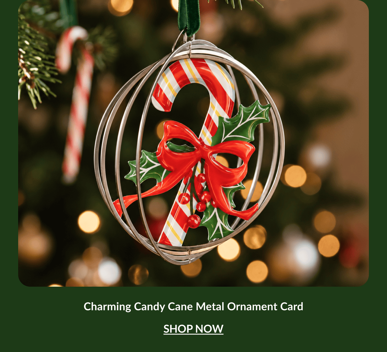 Charming Candy Cane, Sparkling Snowflake, Santa Sleigh Ride, and Magic of Christmas metal ornament cards arranged for the holiday collection