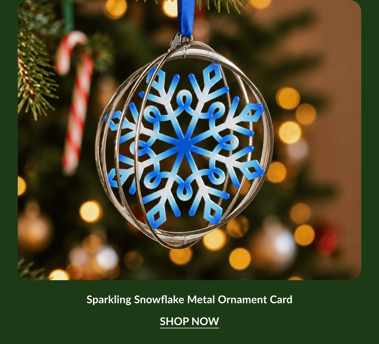 Sparkling Snowflake, Charming Candy Cane, Santa Sleigh Ride, and Magic of Christmas metal ornament cards in a festive product lineup