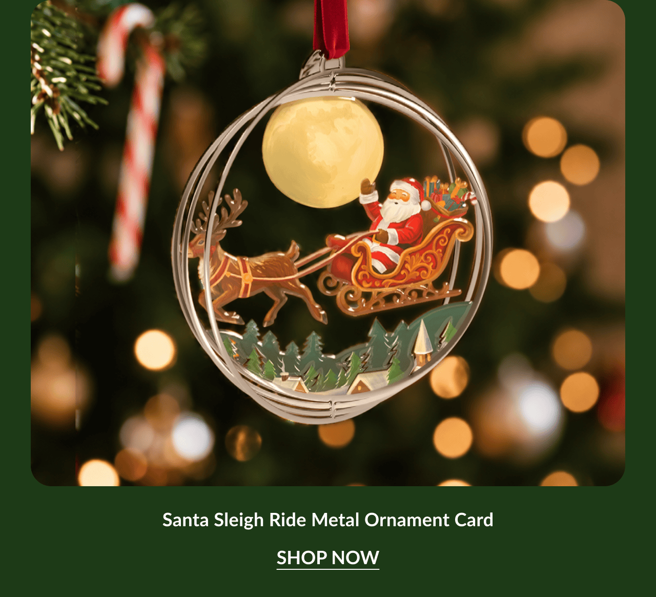 Santa Sleigh Ride, Charming Candy Cane, Sparkling Snowflake, and Magic of Christmas metal ornament cards grouped together