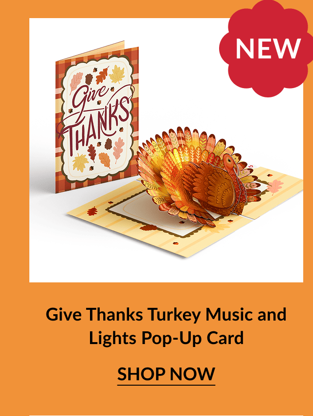 Give Thanks Turkey Music and Lights Pop-Up Card for Thanksgiving gratitude messages