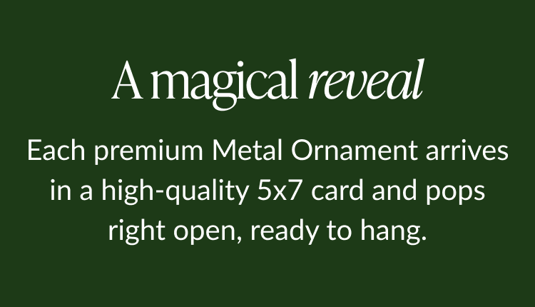Mobile crop of a magical reveal from a holiday metal ornament card opening into a keepsake scene