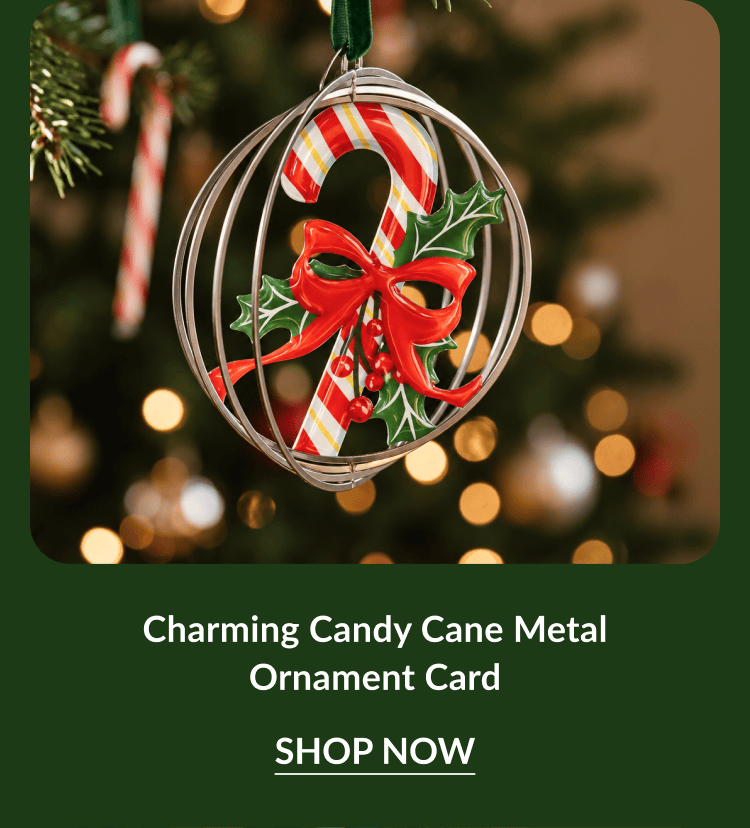 Mobile product row for Charming Candy Cane, Sparkling Snowflake, Santa Sleigh Ride, and Magic of Christmas metal ornament cards