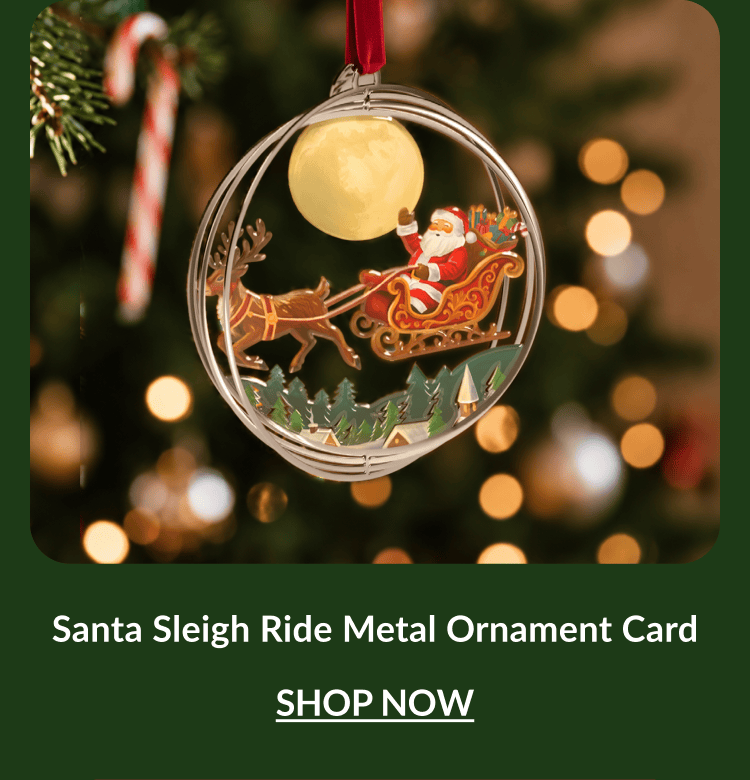 Mobile product row featuring Santa Sleigh Ride, Charming Candy Cane, Sparkling Snowflake, and Magic of Christmas metal ornament cards