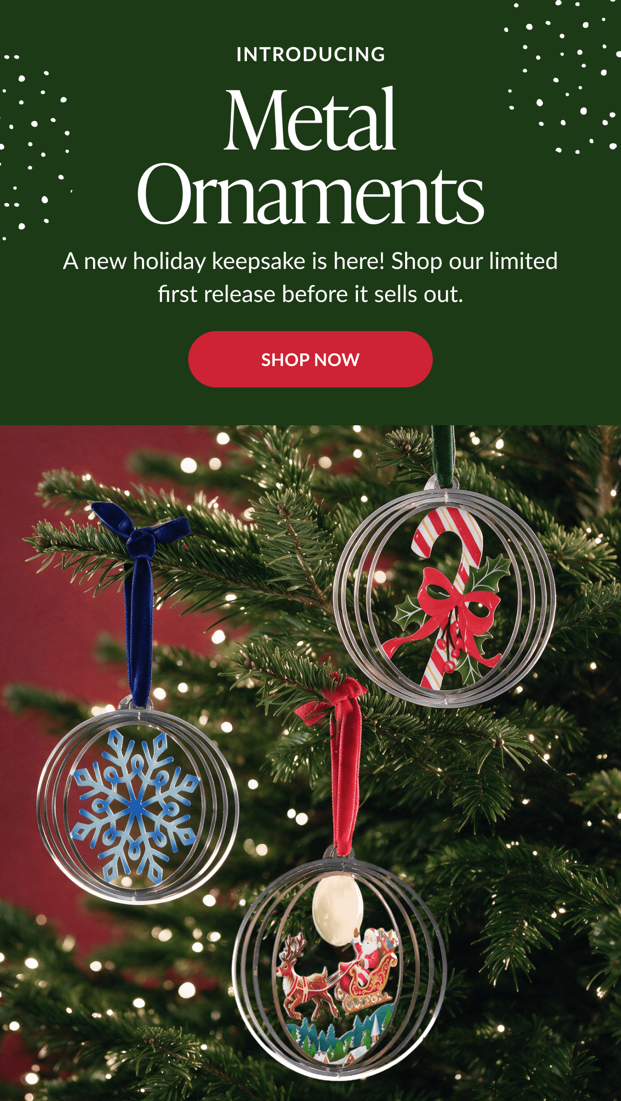 Holiday Metal Ornament Cards hero showing Magic of Christmas, Charming Candy Cane, Sparkling Snowflake, and Santa Sleigh Ride ornament card designs