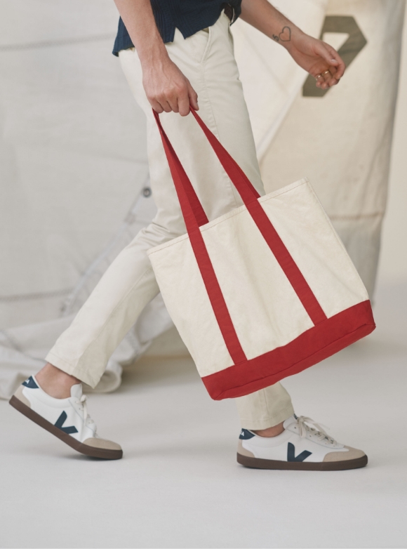 Red and white tote bag